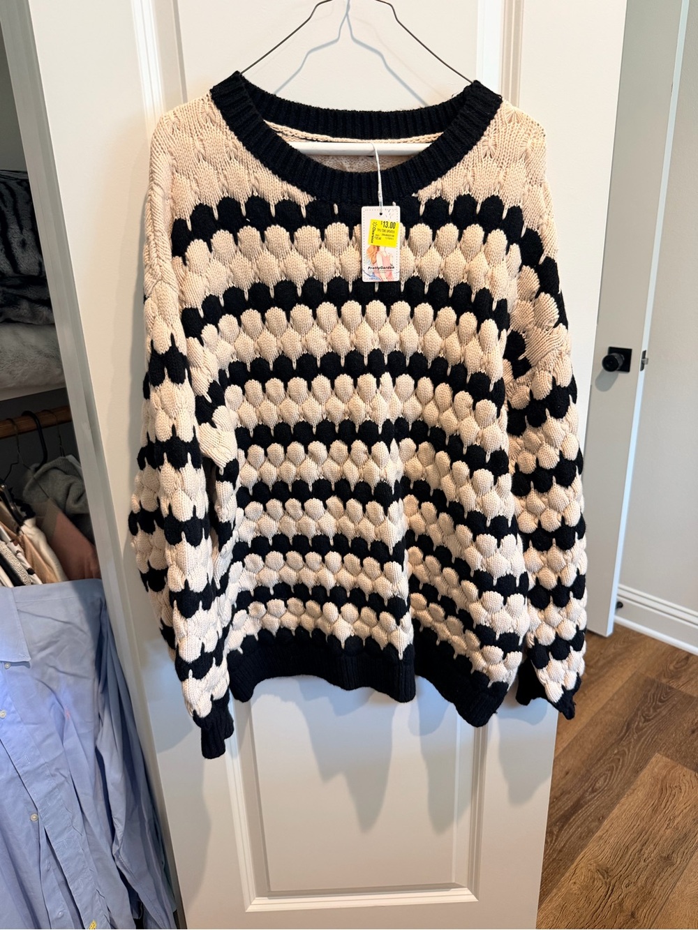 Women's Black & Cream Textured Stripe Crewneck Sweater